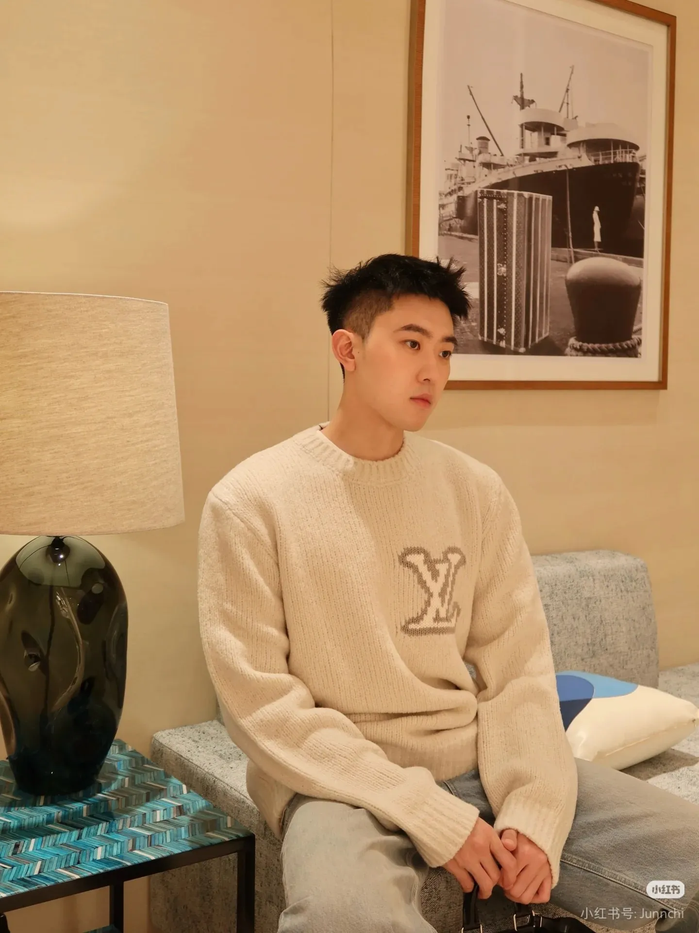 Louis Vuitton front and rear logo jacquard sweater